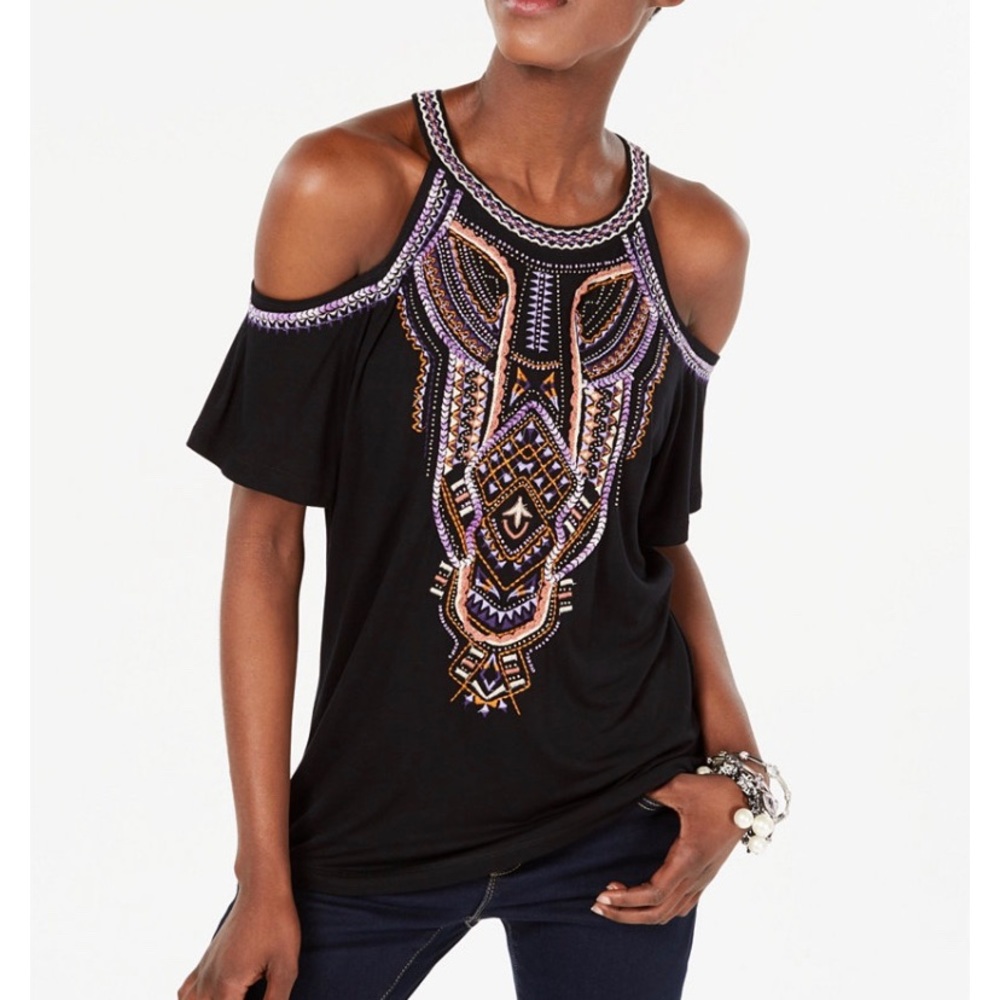 Inc international embroidered cold shoulder top